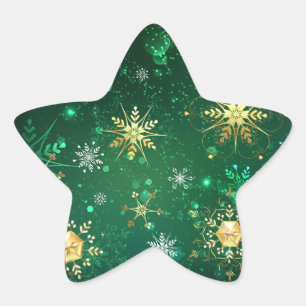 Xmas Golden Snowflakes on Green Background Star Sticker