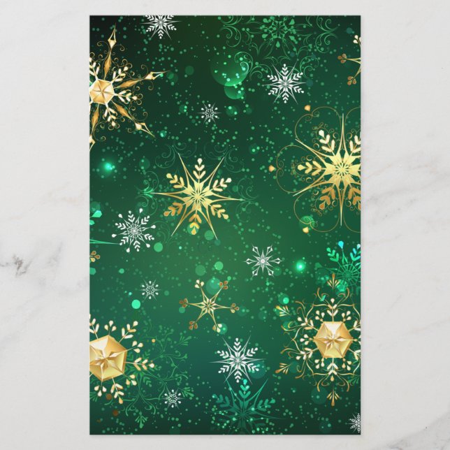 Xmas Golden Snowflakes on Green Background Stationery (Front)
