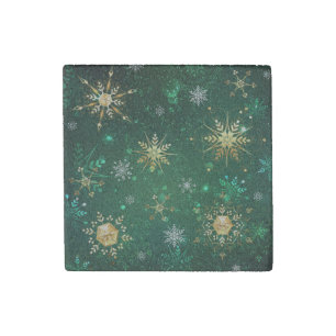 Xmas Golden Snowflakes on Green Background Stone Magnet