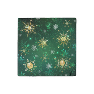 Xmas Golden Snowflakes on Green Background Stone Magnet