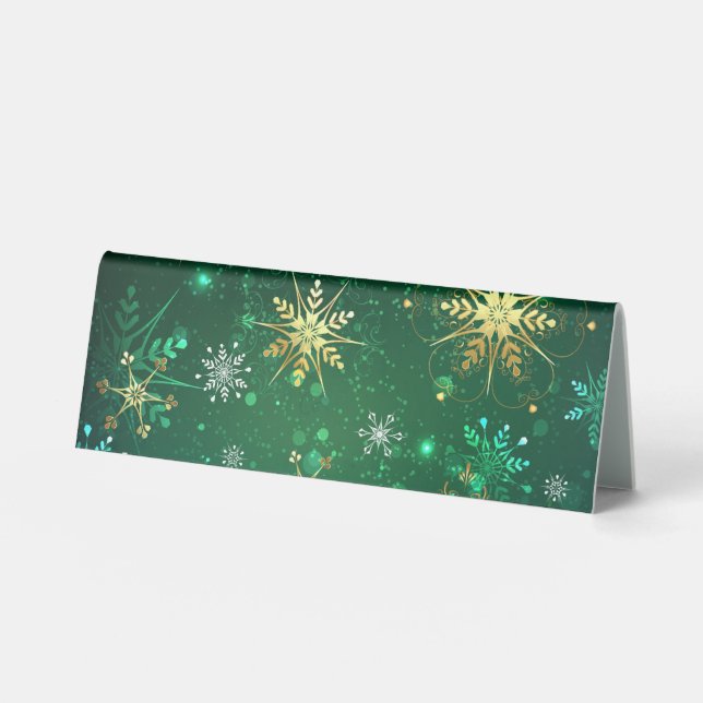 Xmas Golden Snowflakes on Green Background Table Tent (Front)