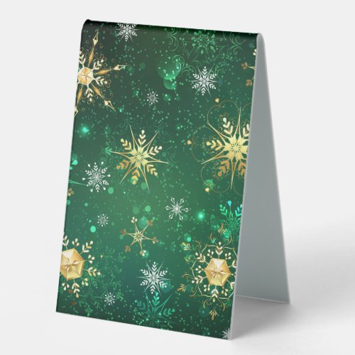 Xmas Golden Snowflakes on Green Background Table Tent Sign