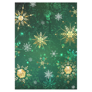 Xmas Golden Snowflakes on Green Background Tablecloth