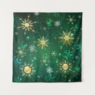 Xmas Golden Snowflakes on Green Background Tapestry