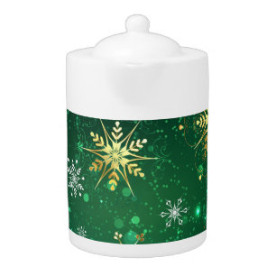 Xmas Golden Snowflakes on Green Background Teapot