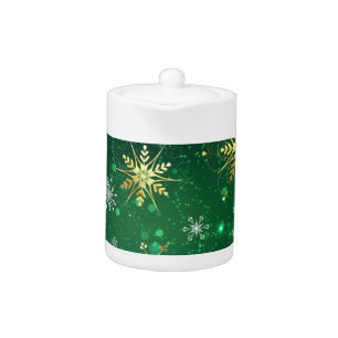 Xmas Golden Snowflakes on Green Background Teapot
