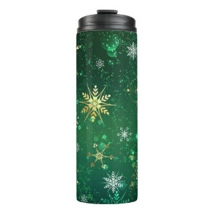 Xmas Golden Snowflakes on Green Background Thermal Tumbler