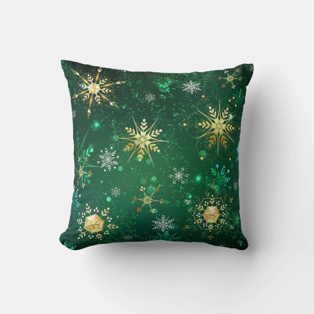 Xmas Golden Snowflakes on Green Background Throw Pillow (Front)