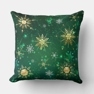 Xmas Golden Snowflakes on Green Background Throw Pillow