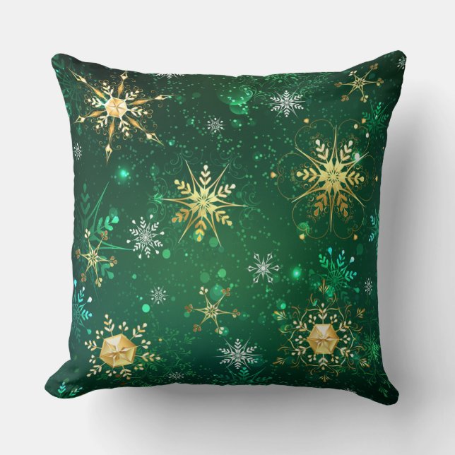 Xmas Golden Snowflakes on Green Background Throw Pillow (Front)