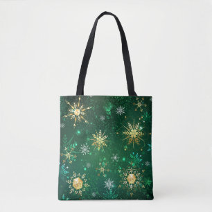 Xmas Golden Snowflakes on Green Background Tote Bag