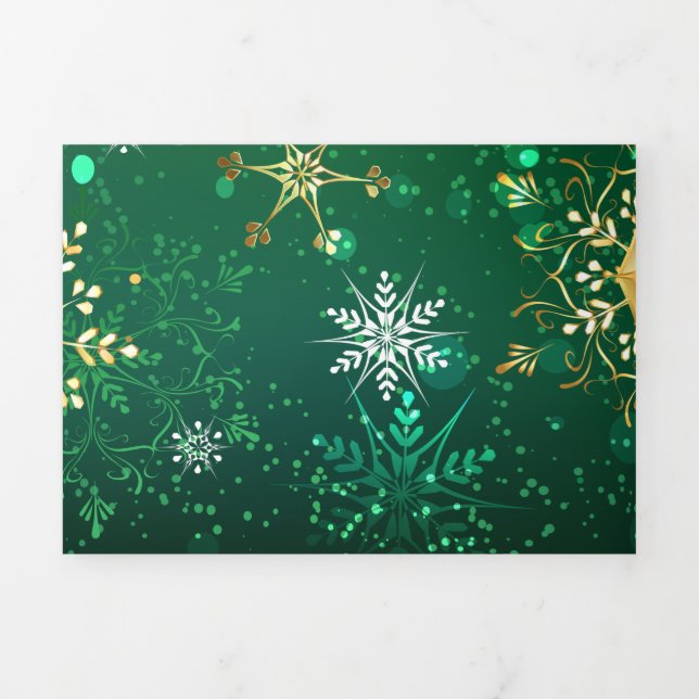 Xmas Golden Snowflakes on Green Background Tri-Fold Holiday Card (Cover)