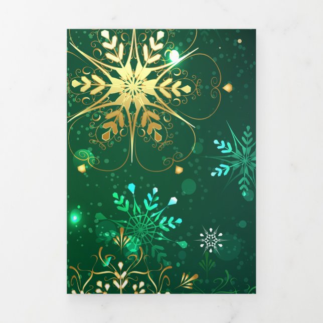 Xmas Golden Snowflakes on Green Background Tri-Fold Holiday Card (Cover)