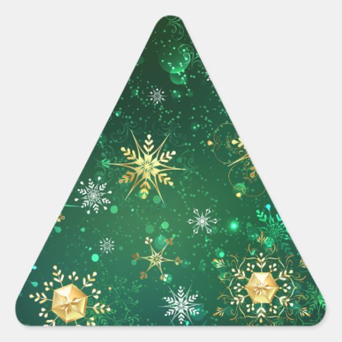Xmas Golden Snowflakes on Green Background Triangle Sticker