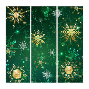 Xmas Golden Snowflakes on Green Background Triptych