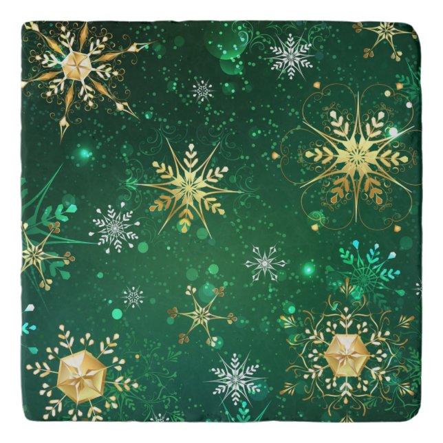 Xmas Golden Snowflakes on Green Background Trivet (Front)