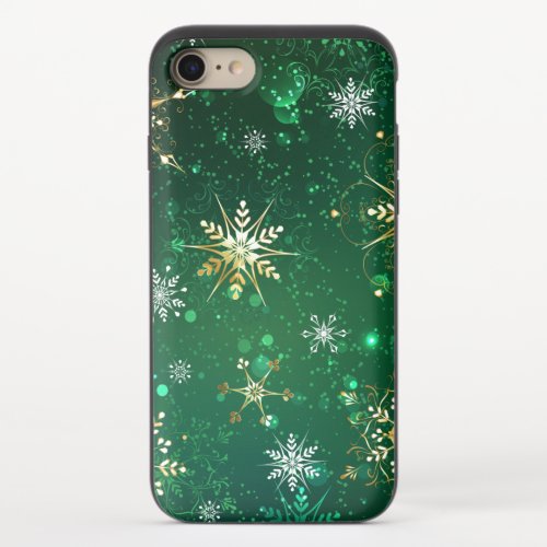 Xmas Golden Snowflakes on Green Background iPhone 87 Slider Case