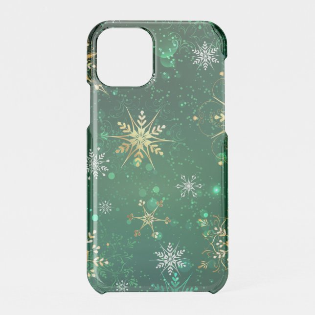 Xmas Golden Snowflakes on Green Background Uncommon iPhone Case (Back)