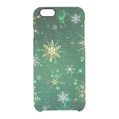 Xmas Golden Snowflakes on Green Background Clear iPhone 66S Case