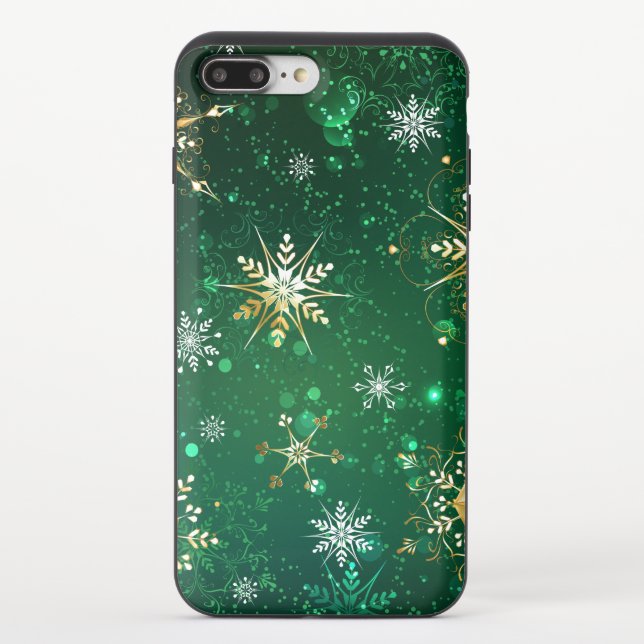 Xmas Golden Snowflakes on Green Background Uncommon iPhone Case (Back)