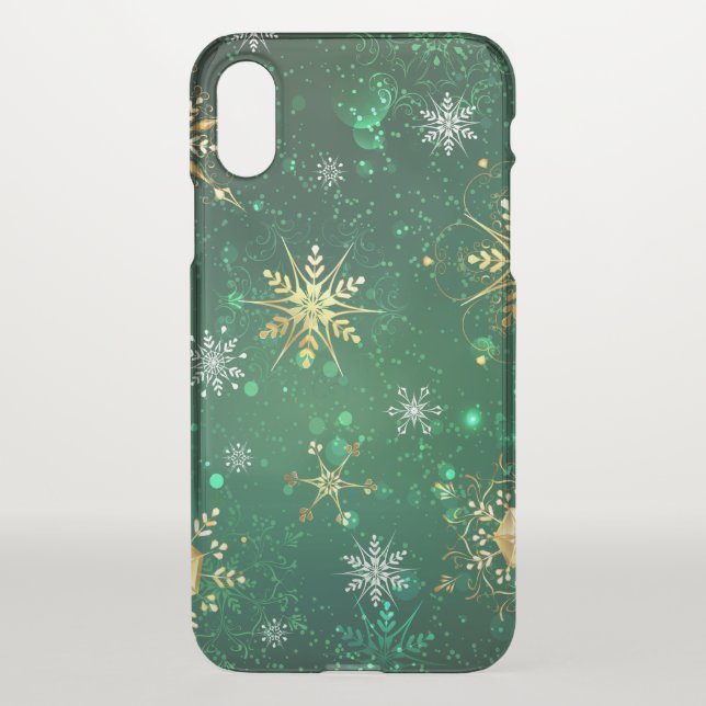 Xmas Golden Snowflakes on Green Background Uncommon iPhone Case (Back)