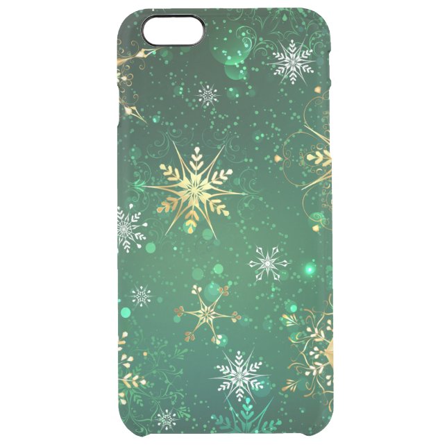Xmas Golden Snowflakes on Green Background Uncommon iPhone Case (Back)