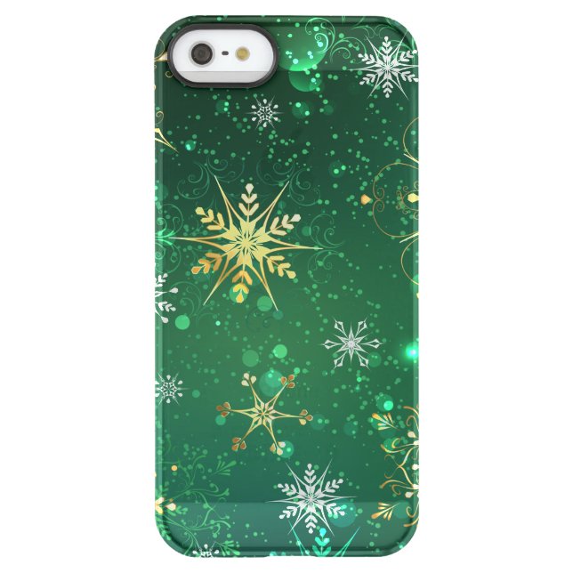 Xmas Golden Snowflakes on Green Background Uncommon iPhone Case (Back)