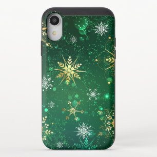 Xmas Golden Snowflakes on Green Background iPhone XR Slider Case