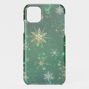 Xmas Golden Snowflakes on Green Background iPhone 11 Case