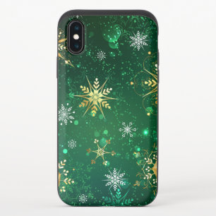 Xmas Golden Snowflakes on Green Background iPhone X Slider Case