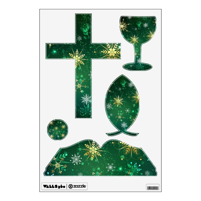 Xmas Golden Snowflakes on Green Background Wall Decal (Front)