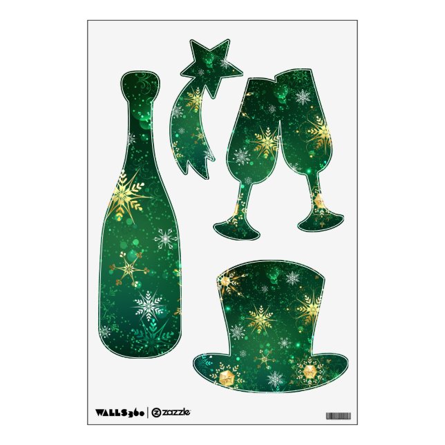 Xmas Golden Snowflakes on Green Background Wall Decal (Front)