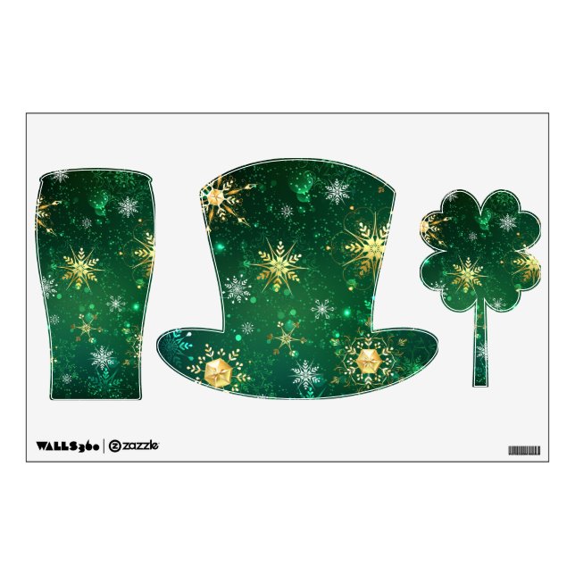 Xmas Golden Snowflakes on Green Background Wall Decal (Front)