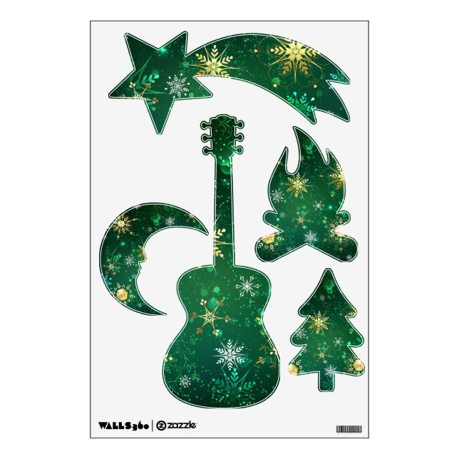 Xmas Golden Snowflakes on Green Background Wall Decal (Front)