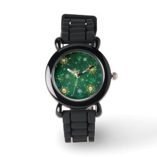 Xmas Golden Snowflakes on Green Background Watch
