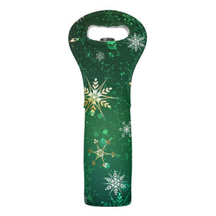 Xmas Golden Snowflakes on Green Background Wine Bag