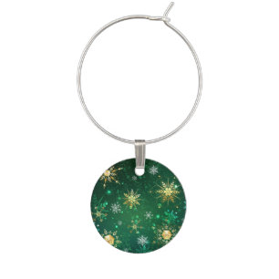 Xmas Golden Snowflakes on Green Background Wine Charm