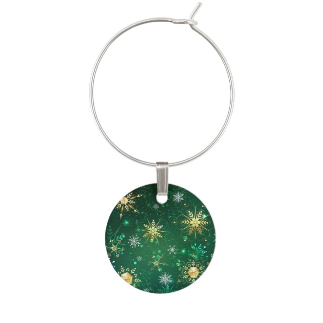 Xmas Golden Snowflakes on Green Background Wine Charm (Front)