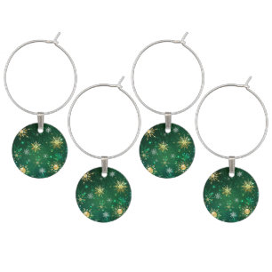 Xmas Golden Snowflakes on Green Background Wine Charm