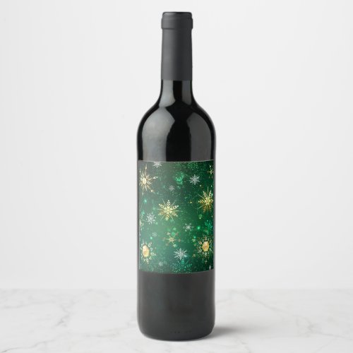 Xmas Golden Snowflakes on Green Background Wine Label