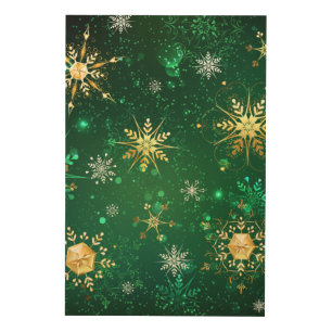 Xmas Golden Snowflakes on Green Background Wood Wall Art