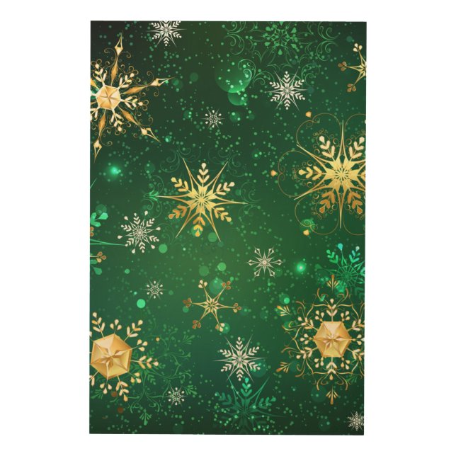 Xmas Golden Snowflakes on Green Background Wood Wall Art (Front)