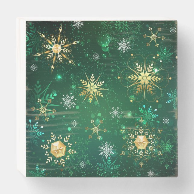 Xmas Golden Snowflakes on Green Background Wooden Box Sign (Front Horizontal)