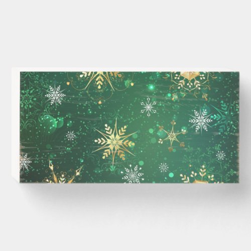 Xmas Golden Snowflakes on Green Background Wooden Box Sign