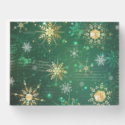 Xmas Golden Snowflakes on Green Background Wooden Box Sign