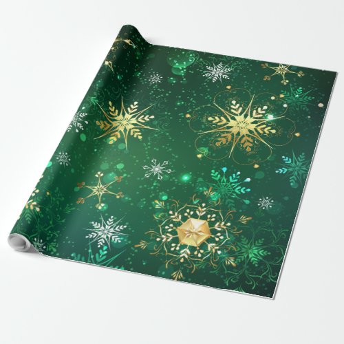 Xmas Golden Snowflakes on Green Background Wrapping Paper