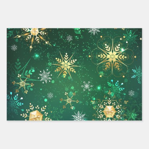 Xmas Golden Snowflakes on Green Background Wrapping Paper Sheets