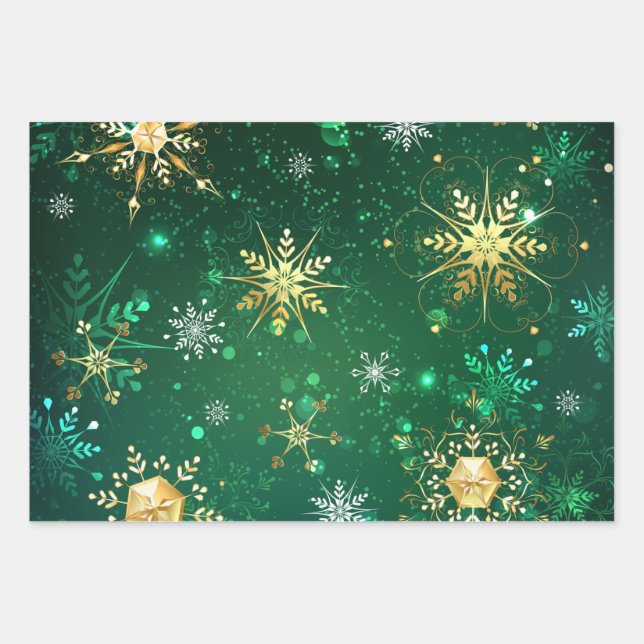 Xmas Golden Snowflakes on Green Background Wrapping Paper Sheets (Front 2)