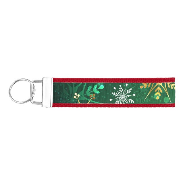 Xmas Golden Snowflakes on Green Background Wrist Keychain (Keys on Left)