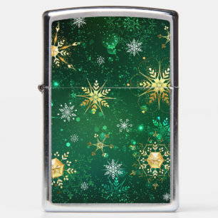 Xmas Golden Snowflakes on Green Background Zippo Lighter